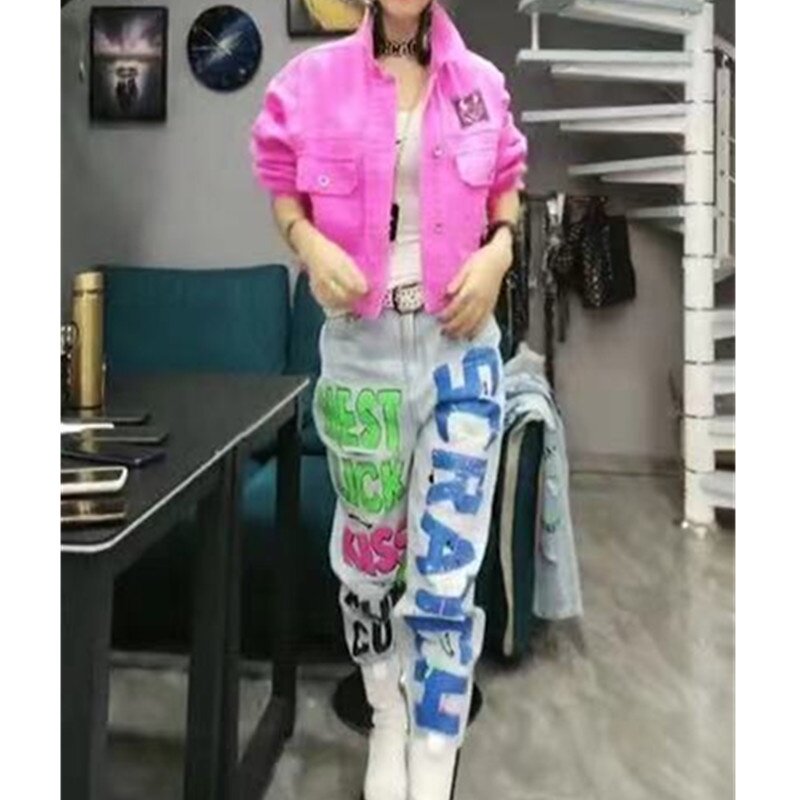 发9035大爱美依缘2025春季新款个性印花外套破洞显瘦牛仔裤宽松潮
