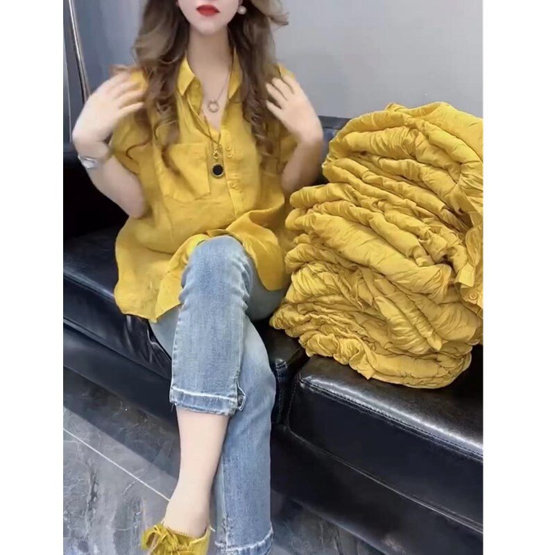 23585大爱美依缘2025新款韩版翻领黄色衬衫水洗牛仔小脚裤洋气女