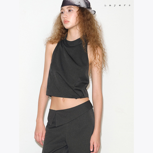 无袖 后露背长飘带 上衣 不规则弧形拼接设计 Layers