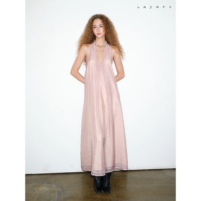 Layers藕粉灰挂脖露背V领连衣裙