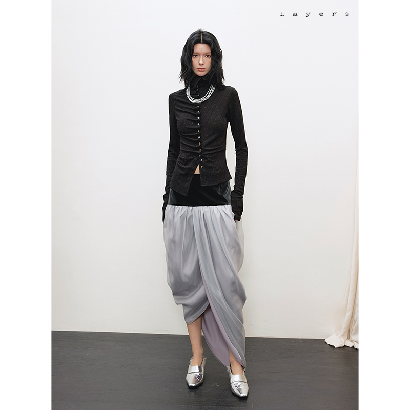 垂感半裙银灰撞色拼接皮革