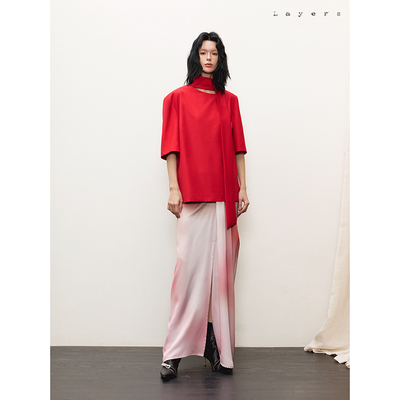 镂空系带后排扣正红色短袖上衣