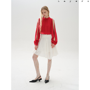 堆褶交叉不规则半裙 条纹柔软棉感 Layers 法式