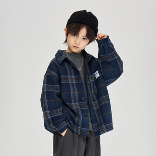 冬季新款儿童日系复古加绒加厚衬衣外套中大童一体绒格子保暖衬衫