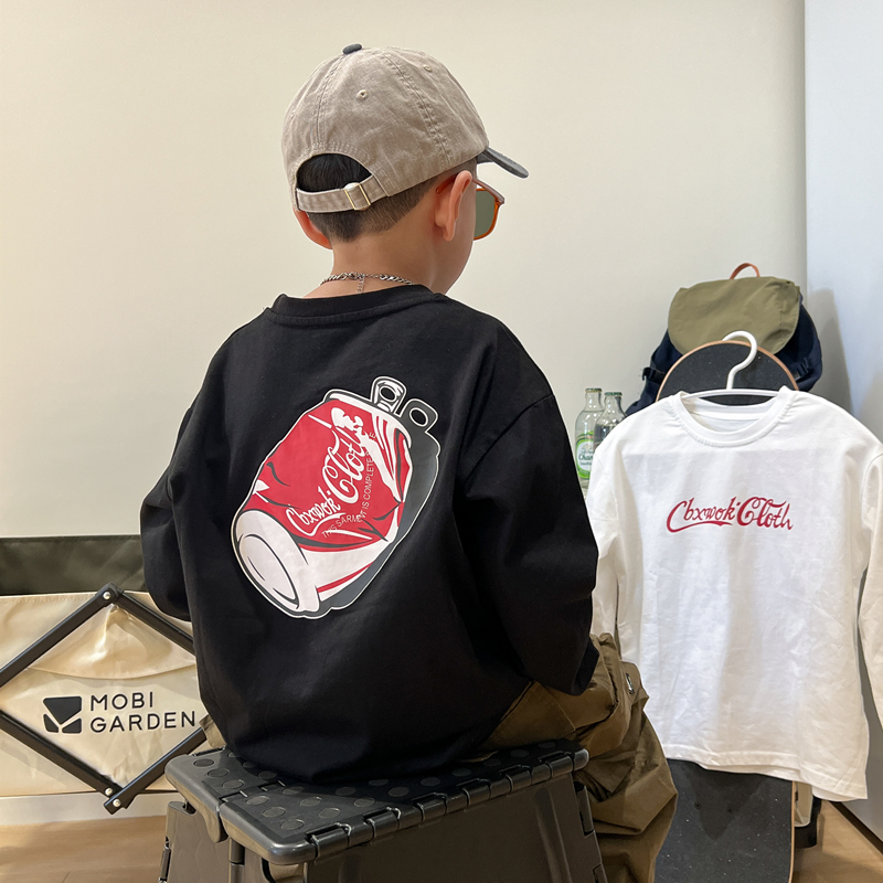 日系童装男童港风可乐印花长袖T恤儿童纯棉打底衫圆领休闲上衣潮