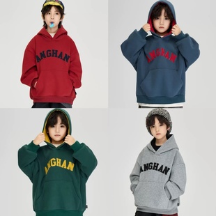 冬季新款儿童字母刺绣加绒连帽卫衣男童撞色一体绒保暖上衣外套潮