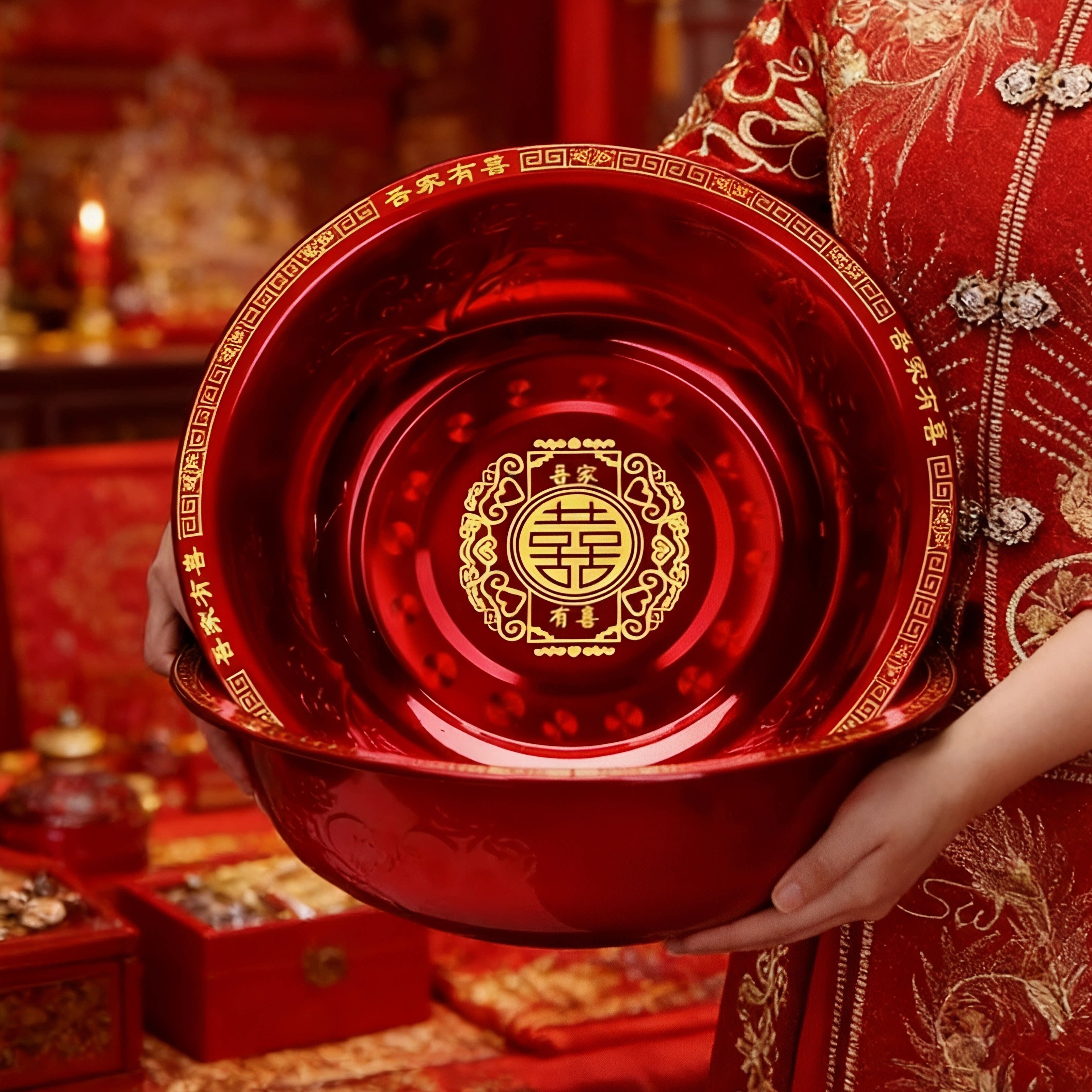 结婚礼纪喜庆新人脸盆嫁妆喜盆婚庆用品不锈钢金色和酒红色喜脸盆