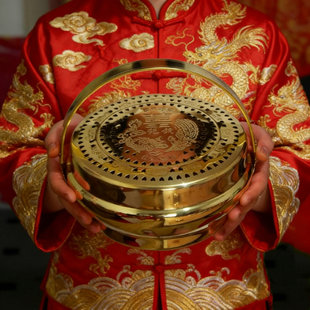 铜火铳结婚手炉火炉老式 脚炉火囱嫁妆新娘陪嫁乔迁新居摆件铜旺盆