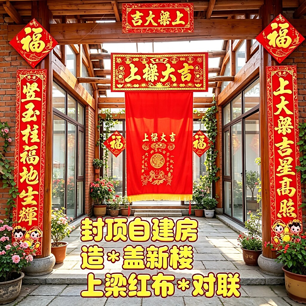 农村造盖新房上梁大吉红绸布大梁对联封顶自建房屋结顶门联铜钱挂