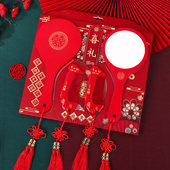 中式 陪嫁一对红色嫁妆梳妆木镜梳子镜子套装 结婚用新娘化妆手柄镜