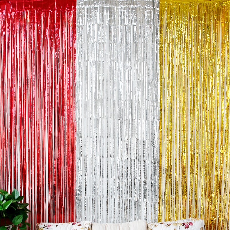 婚庆雨丝帘背景墙生日金色彩条装饰客厅布置银色流苏雨帘蓝色丝带婚房