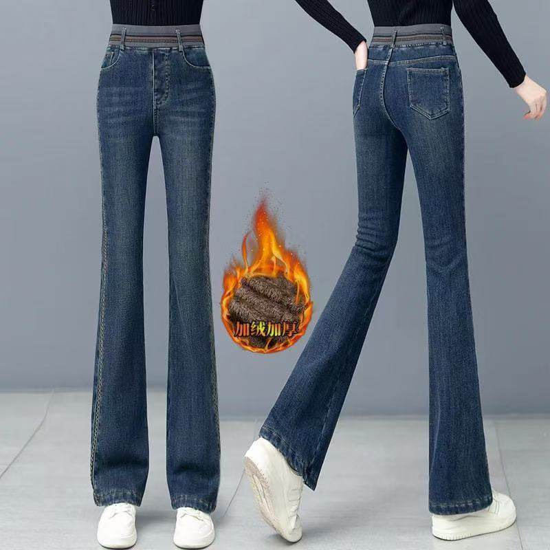 高腰牛仔微喇裤女春秋冬季新款松紧腰显瘦加绒加厚修身直筒休闲裤