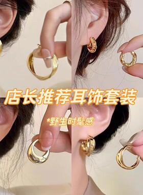 港风复古金属圈圈耳环秋冬高级感组合套装耳圈女轻奢法式气质耳饰