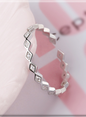 日韩版s925戒指镶钻锆石几何纯银