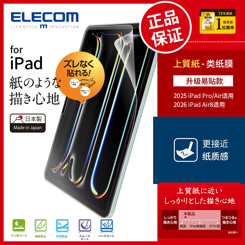 ELECOM类纸膜iPadPro11/13英寸手写膜纸感膜2026新款air8/7/6高级纸膜mini7平板保护膜画画写字磨砂膜屏幕膜