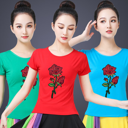 广场舞服装新款圆领短袖T恤上衣女绣花单件表演服莫代尔跳舞衣服