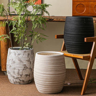 复古花壶瓶老式土陶罐镁泥花盆花器民宿侘寂风黑金刚落地装饰摆件