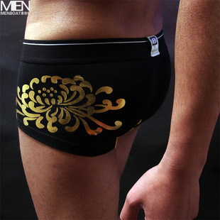 纯棉面料大菊花烫金印花平角裤 低腰塑身U凸囊袋时尚潮男男士内裤