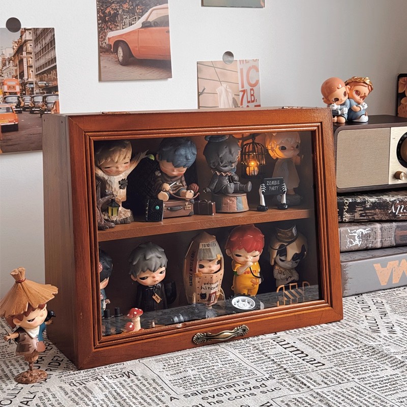 适用小野手办展示柜娃娃双层复古桌面泡泡玛特透明防尘整套盲盒