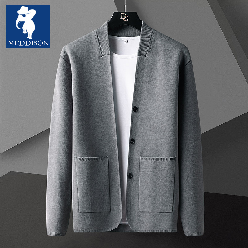 Meddison男装轻熟风针织开衫纯色简约百搭春秋季薄款抗起球外套男