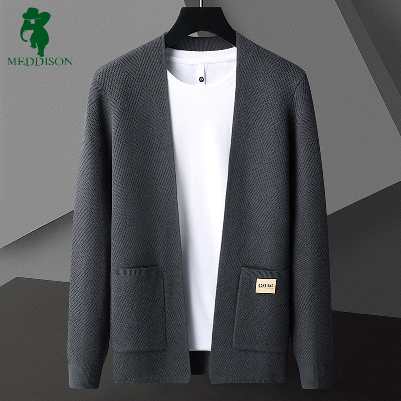 Meddison春季新款男士羊绒开衫纯色百搭V领针织羊毛衫休闲外套春