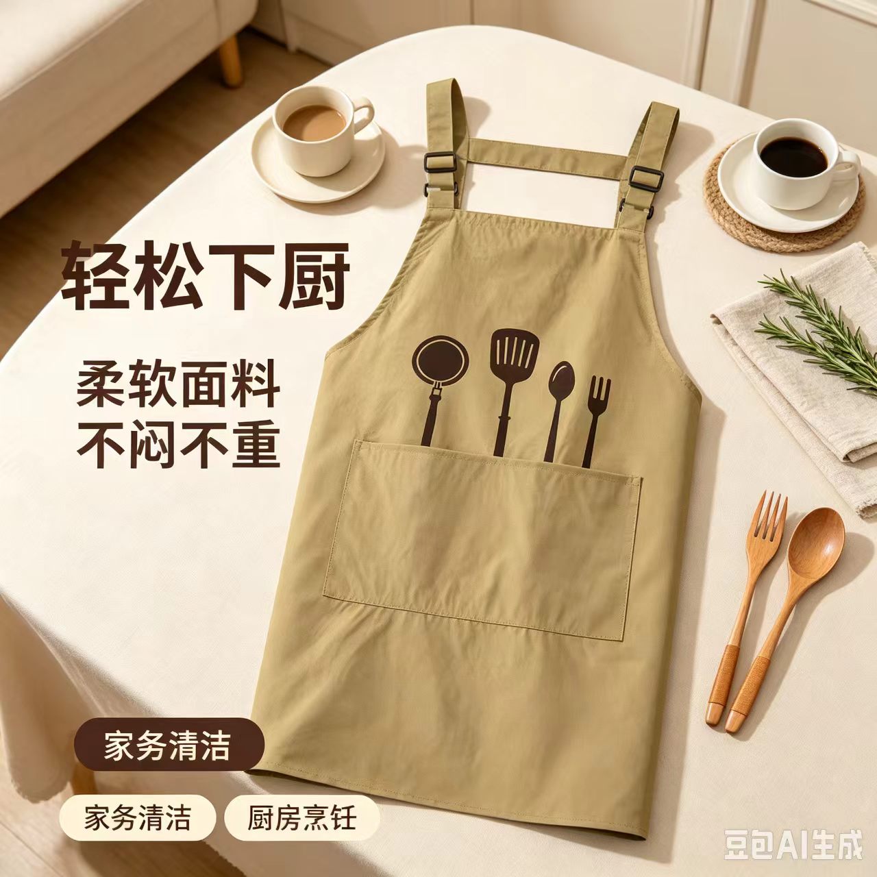 复古刀叉印花塔丝绒围裙防油防水抗污渍咖啡馆后厨服务人员工作服