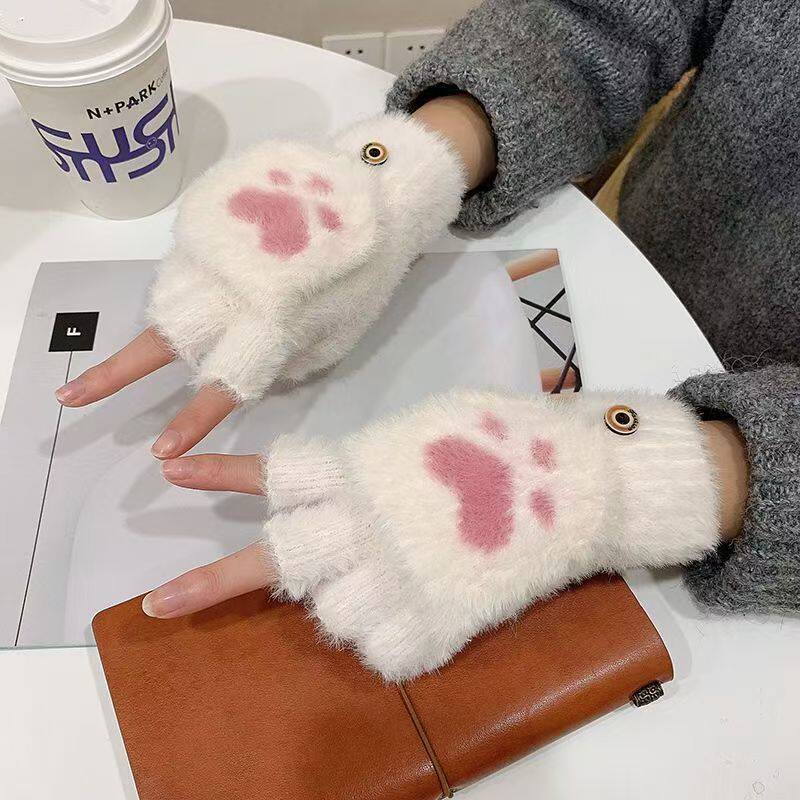 毛绒手套女生秋冬季加厚可爱猫爪半指翻盖加绒保暖学生写字手套