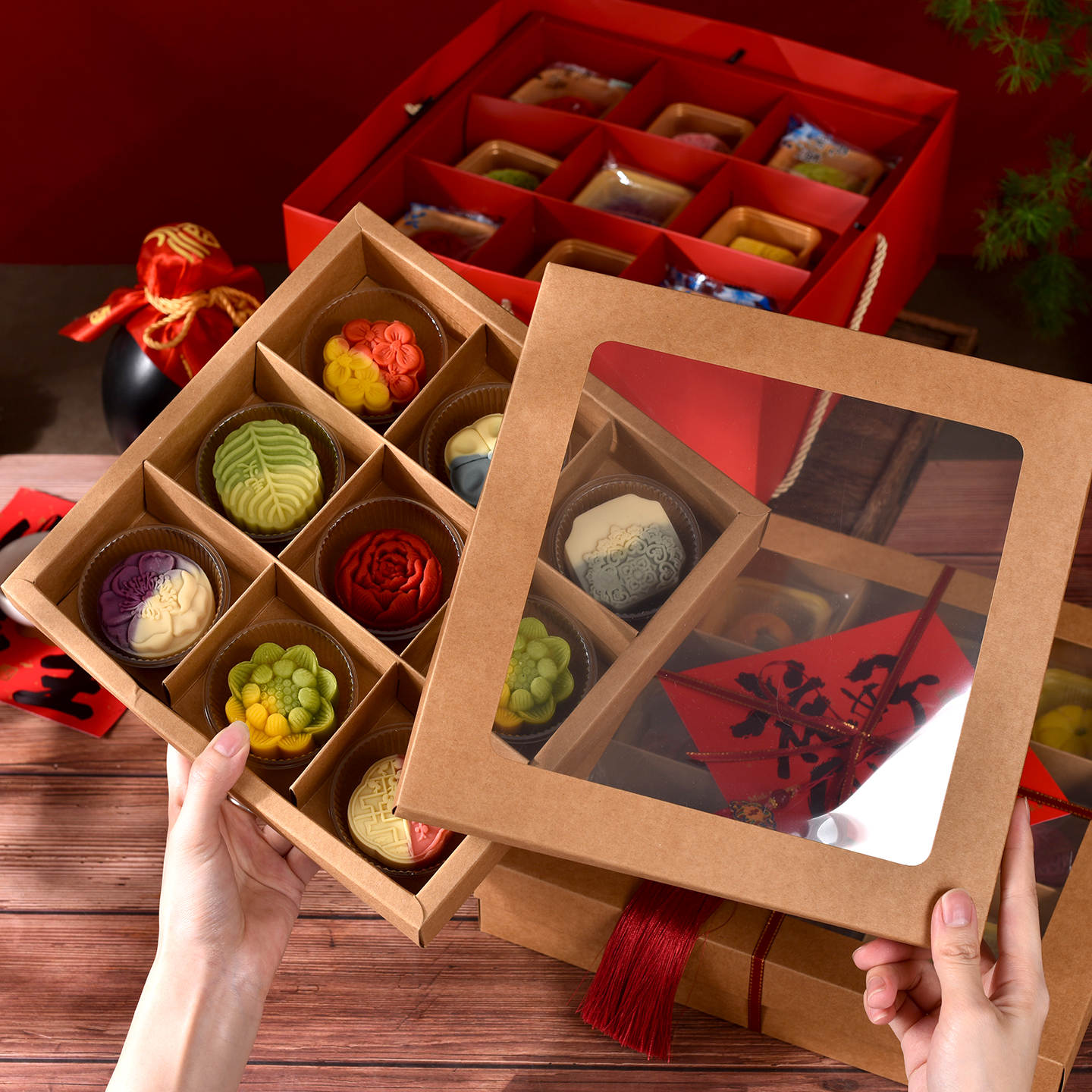 中式开窗透明九宫格花酥月饼蛋黄酥糕点手提盒礼品盒46粒分格盒子