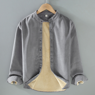 秋冬季男士立领长袖全棉灯芯绒衬衫加绒加厚保暖衬衣条绒打底衫男