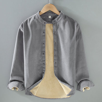 秋冬季男士立领长袖加绒全棉衬衫