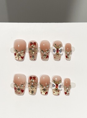 纯手工穿戴甲高级金色猫眼红色新年美甲片短款爱心醒狮假指甲贴片