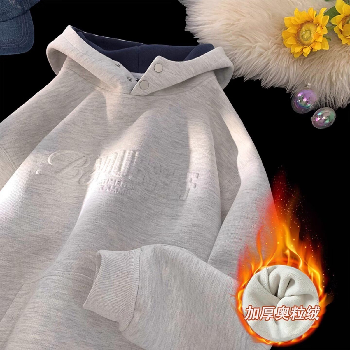 美式重磅硬挺加绒卫衣男款加厚冬季半高领连帽外套字母钢印上衣女