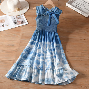 云南手工扎染法式 温柔风女夏缩褶收腰花边甜美蝴蝶结度假风连衣裙