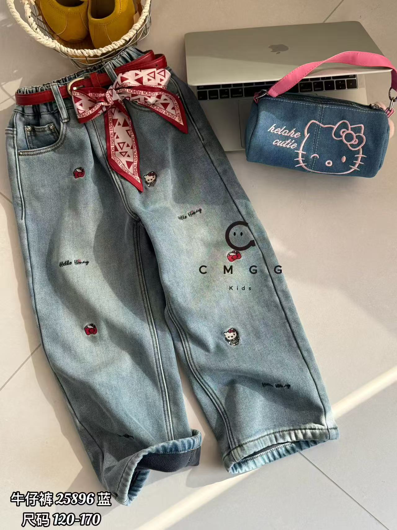 2025年新款女童秋冬款儿童洋气女孩休闲裤kt猫百搭一体绒牛仔长裤