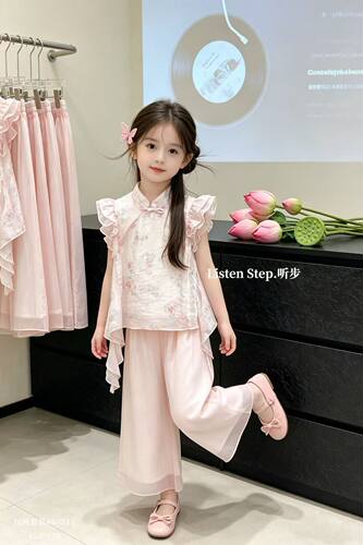 品牌童装2026年夏女童百搭套装女孩洋气宽松国风盘扣上衣+阔腿裤