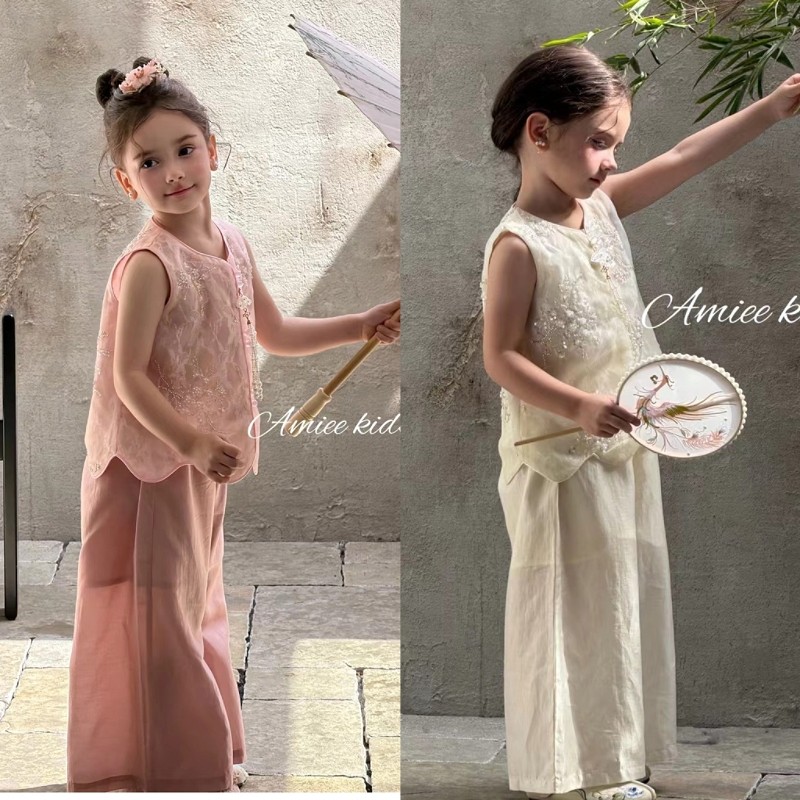 Amiee品牌2026年夏装女童韩版百搭国风盘扣上衣+阔腿裤2件 套装