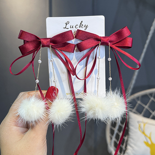 女童发饰过新年甜美毛球流苏飘带蝴蝶结发夹女孩古风汉服头饰儿童