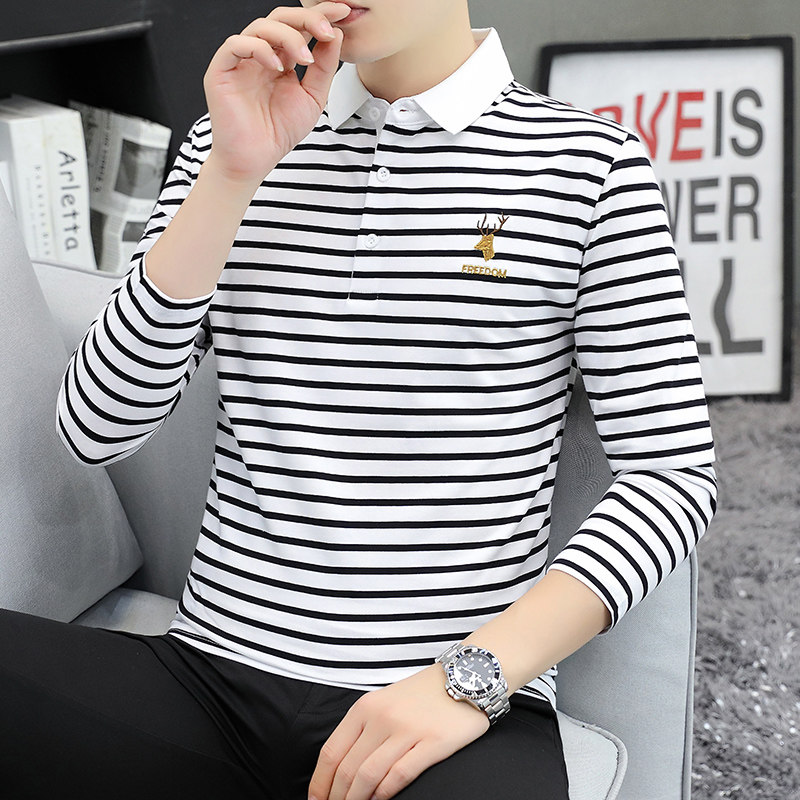 纯棉条纹Polo衫男士长袖