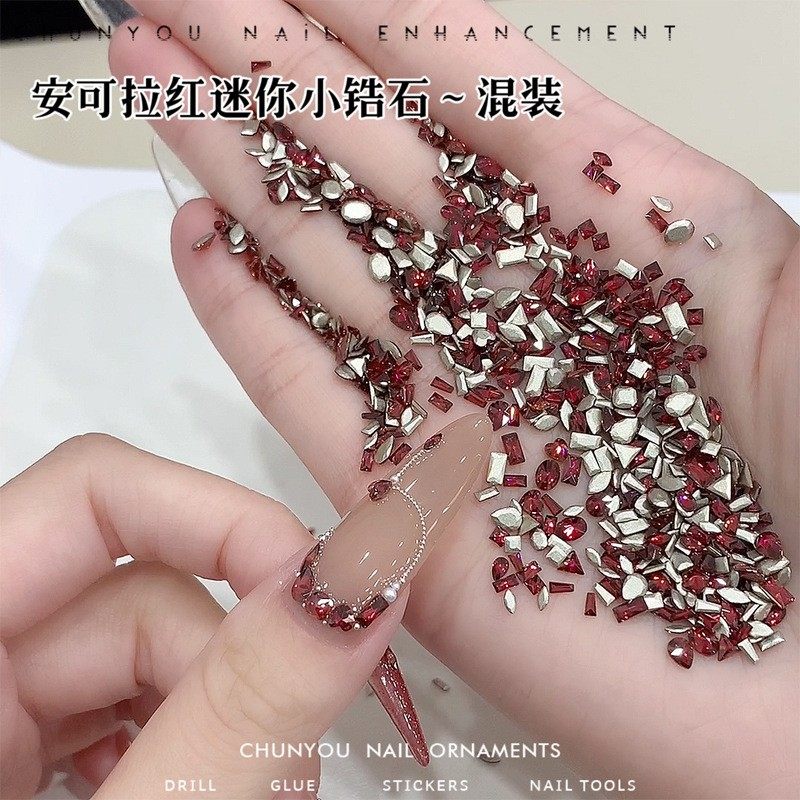 安可拉红倒边锆石迷你小号混装钻饰新年红色平底钻美甲饰品指甲钻
