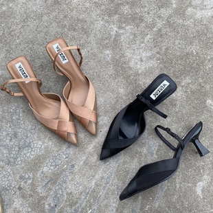 绝美半拖外穿夏尖头高跟网纱透气细跟包头凉鞋 6cm法式 鞋 外贸大码