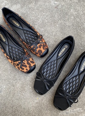 外贸大码鞋新款方头浅口蝴蝶结芭蕾舞鞋女甜美平软底法式豹纹单鞋