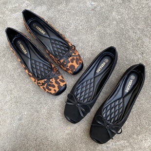 外贸大码鞋新款方头浅口蝴蝶结芭蕾舞鞋女甜美平软底法式豹纹单鞋