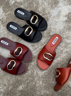 外贸大码鞋一字拖鞋外穿夏镂空搭扣时尚平底凉拖鞋海边沙滩鞋新款