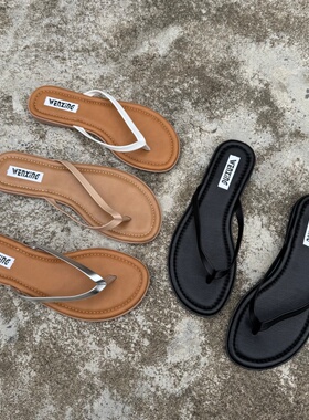 外贸大码鞋新款夏黑色网红平底夹脚极简人字拖外穿海边沙滩凉拖鞋