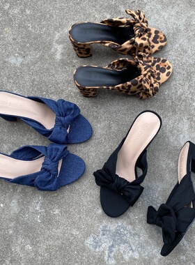 外贸大码鞋高跟拖鞋女夏季新款外穿法式粗跟一字拖蝴蝶结凉鞋半拖