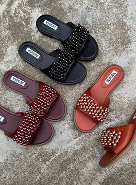 外贸大码鞋平底拖鞋女外穿年新款夏配裙子串珠一字拖防滑孕妇凉拖