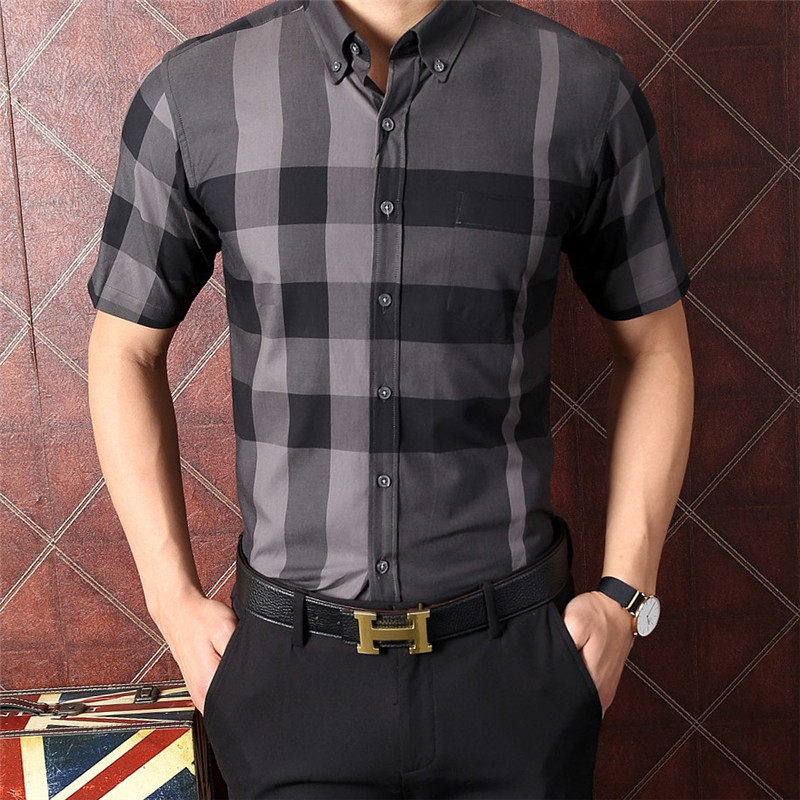 欧巴宝莉安娜夏季短袖格子衬衫男新款时尚休闲青年韩版修身衬衣