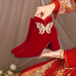 冬季婚鞋女2024年新款冬天新娘鞋高跟短靴秀禾婚纱粗跟红色靴子