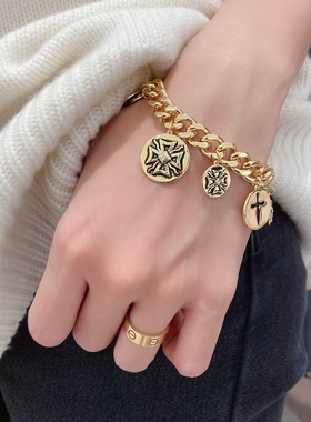 美国轻奢小众设计手链 INS风轻复古雕花硬币钱币金色吊坠朋克风女