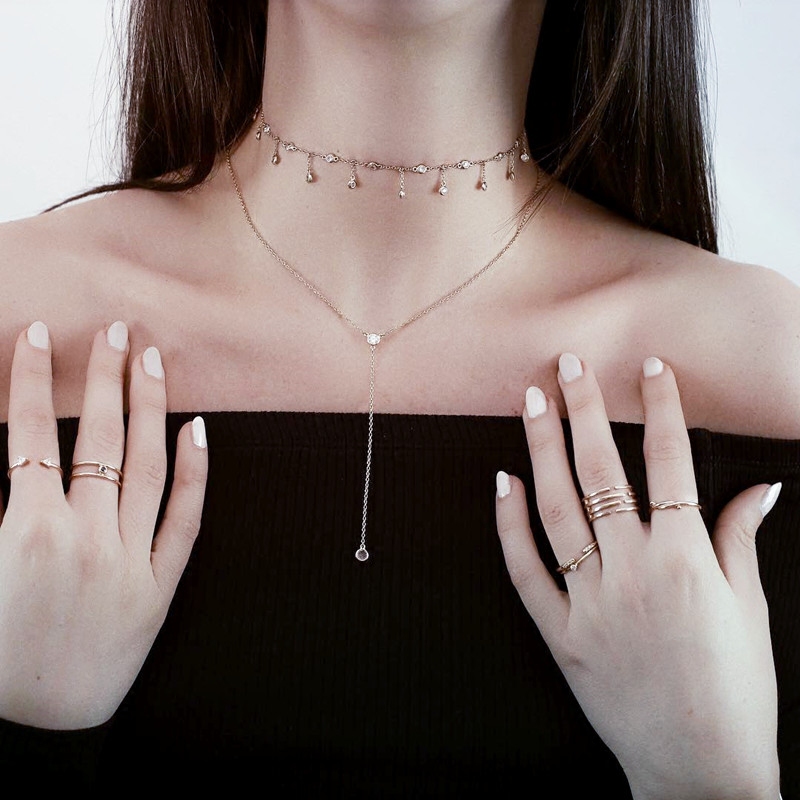 美国时尚潮牌S925银简约百搭纤细精致闪钻吊坠欧美气质款y形项链